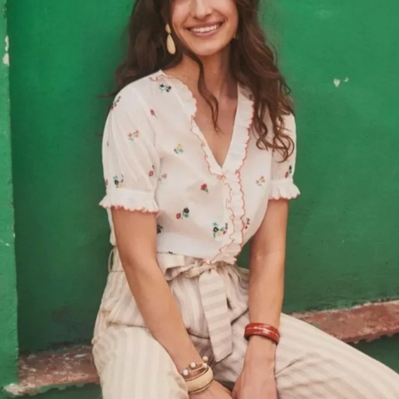 Sézane 38 US 6 Andrea Floral Embroidered Ruffle Blouse White Sheer - Picture 2 of 12